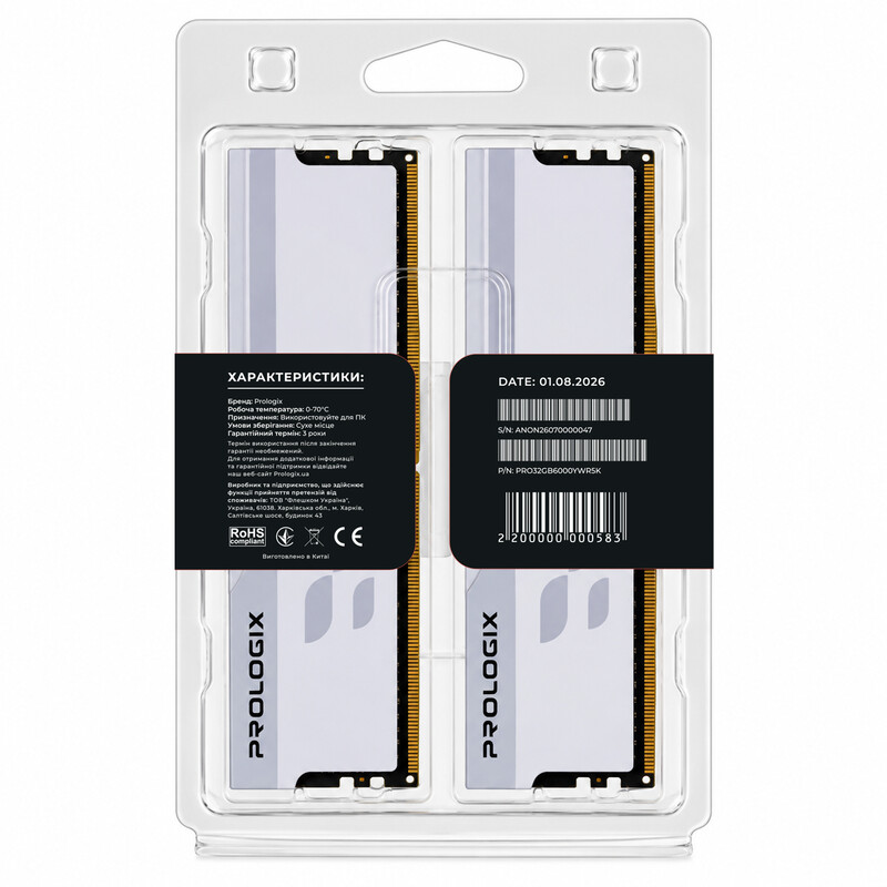 Модуль памяти DDR5 2x16GB/6000 Prologix Onyx White RGB (PRO32GB6000YWR5K)
