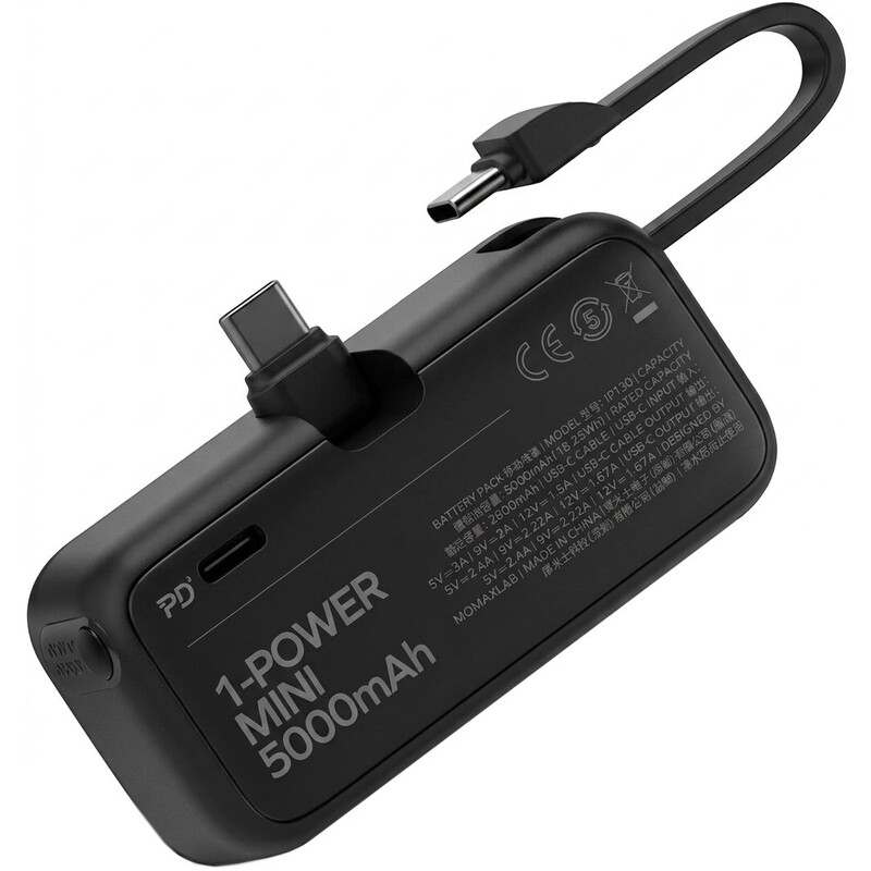Універсальна мобільна батарея Momax 1-Power Mini 3-in-1 5000mAh 20W USB-C Black (IP130D)