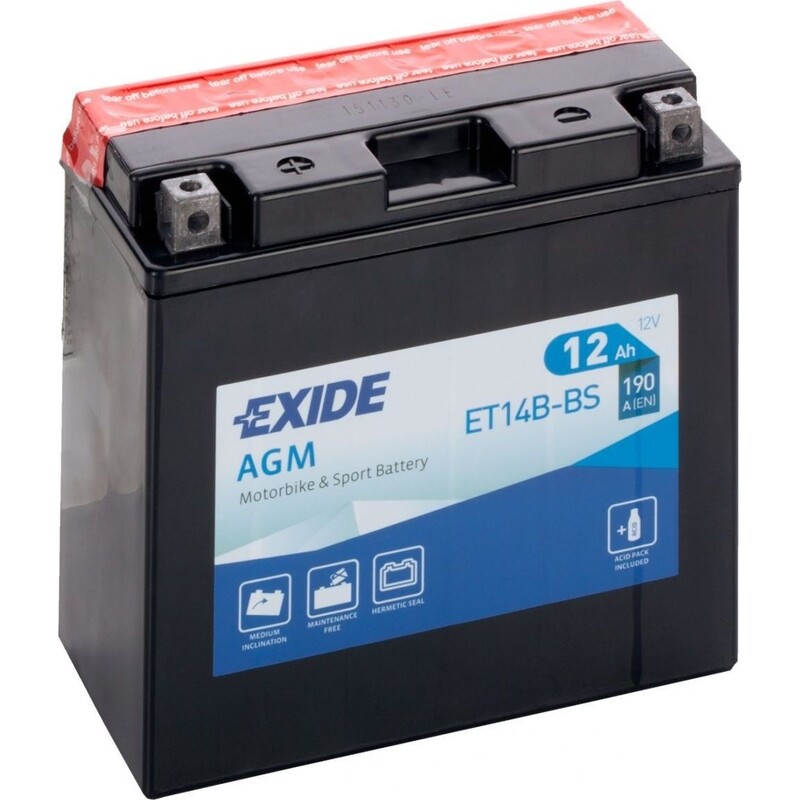 Акумулятор мотоциклетний Exide AGM 12Ah 190А 12V L+ (ET14B-BS)