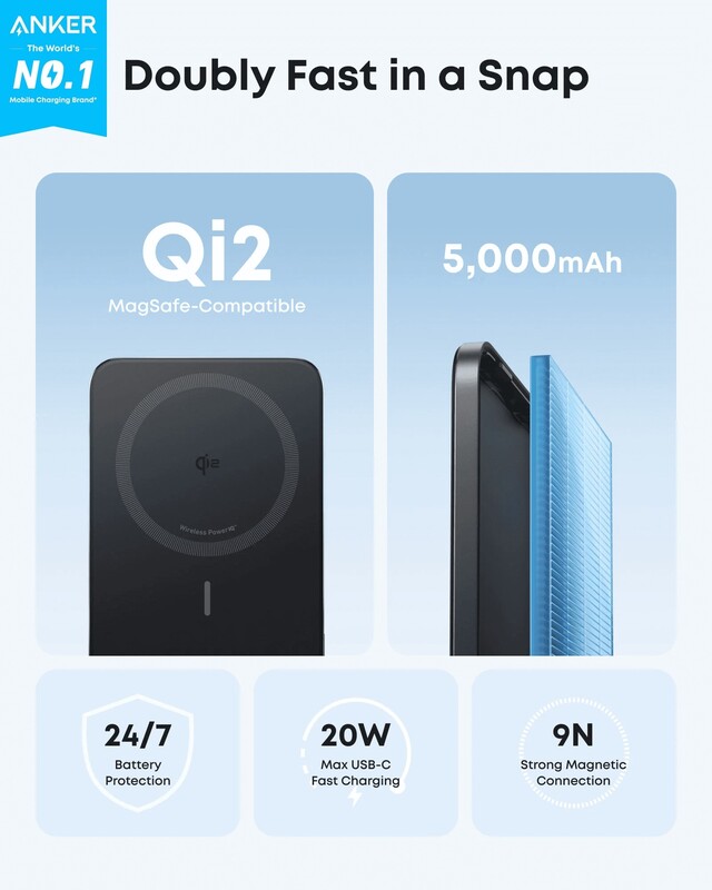 Универсальная мобильная батарея Anker Nano MagGo Slim 5000mAh 20W Black (A1665H11)