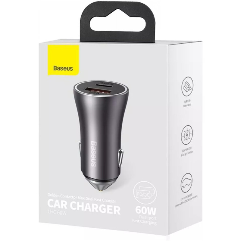 Автомобільний зарядний пристрій Baseus Golden Contactor Max Dual Fast Charger U+C (1USB, 1USB-C) 60W Grey (CGJM000113)