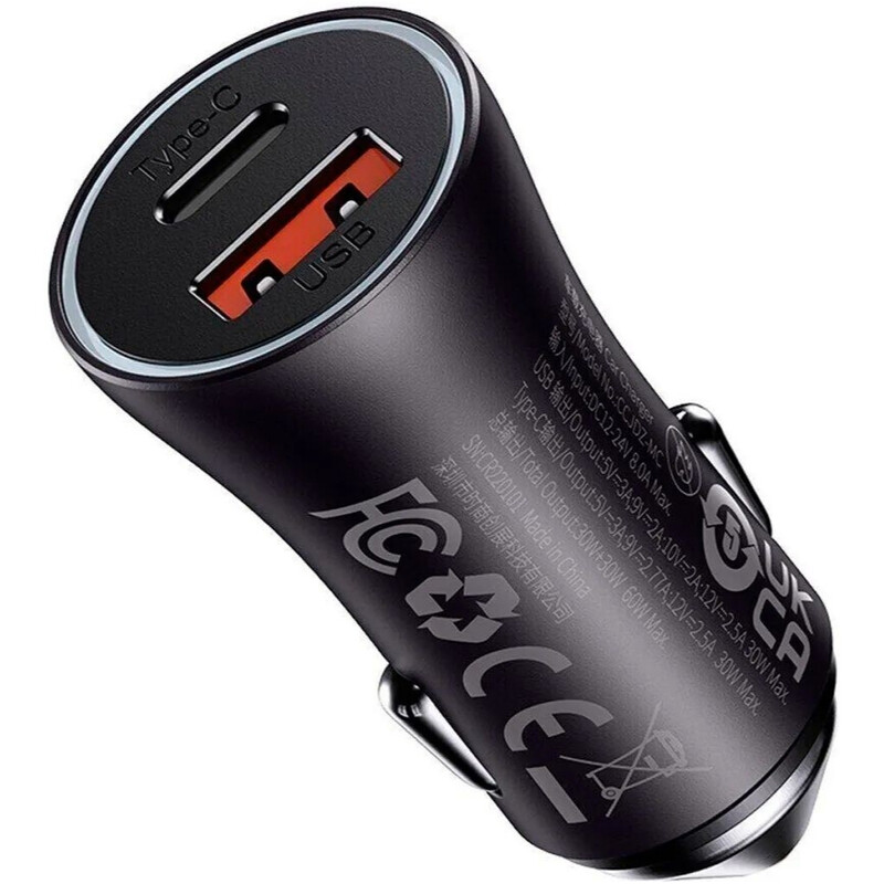 Автомобільний зарядний пристрій Baseus Golden Contactor Max Dual Fast Charger U+C (1USB, 1USB-C) 60W Grey (CGJM000113)
