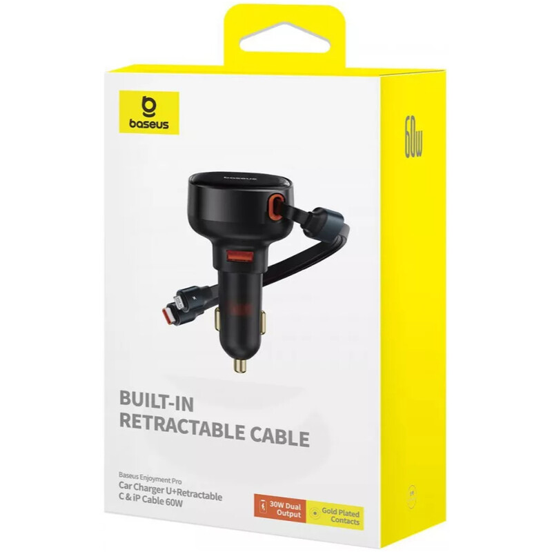 Автомобільний зарядний пристрій Baseus Enjoyment Pro (1USB, 2 вбудовані кабелі USB-C/Lightning) 60W Black (C00057802111-02)