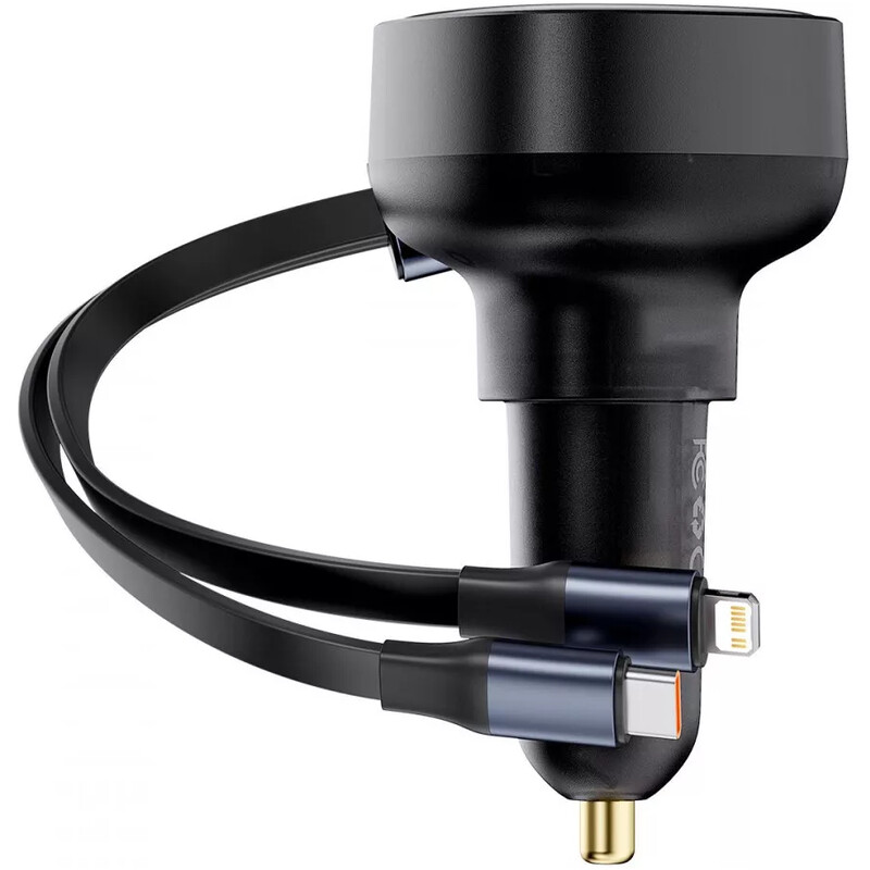 Автомобільний зарядний пристрій Baseus Enjoyment Pro (1USB, 2 вбудовані кабелі USB-C/Lightning) 60W Black (C00057802111-02)