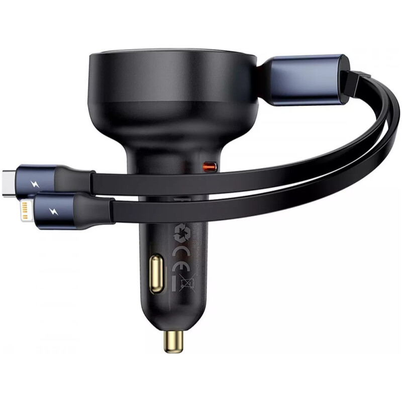Автомобильное зарядное устройство Baseus Enjoyment Pro (1USB-C, 2 вбудовані кабелі USB-C/Lightning) 60W Black (C00057802111-00)