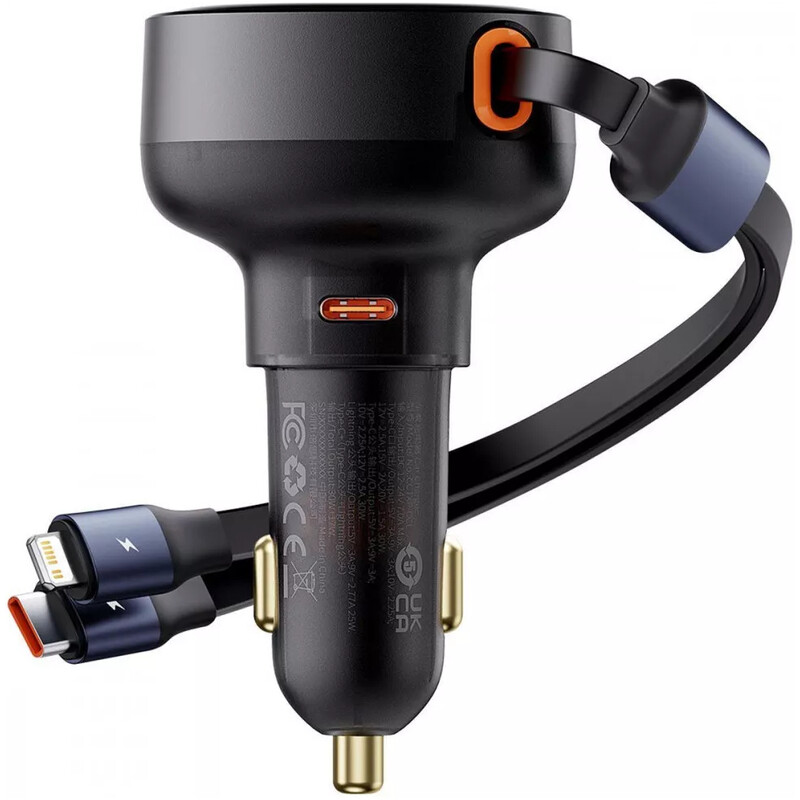 Автомобильное зарядное устройство Baseus Enjoyment Pro (1USB-C, 2 вбудовані кабелі USB-C/Lightning) 60W Black (C00057802111-00)