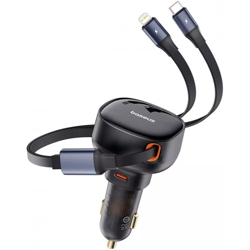 Автомобильное зарядное устройство Baseus Enjoyment Pro (1USB-C, 2 вбудовані кабелі USB-C/Lightning) 60W Black (C00057802111-00)