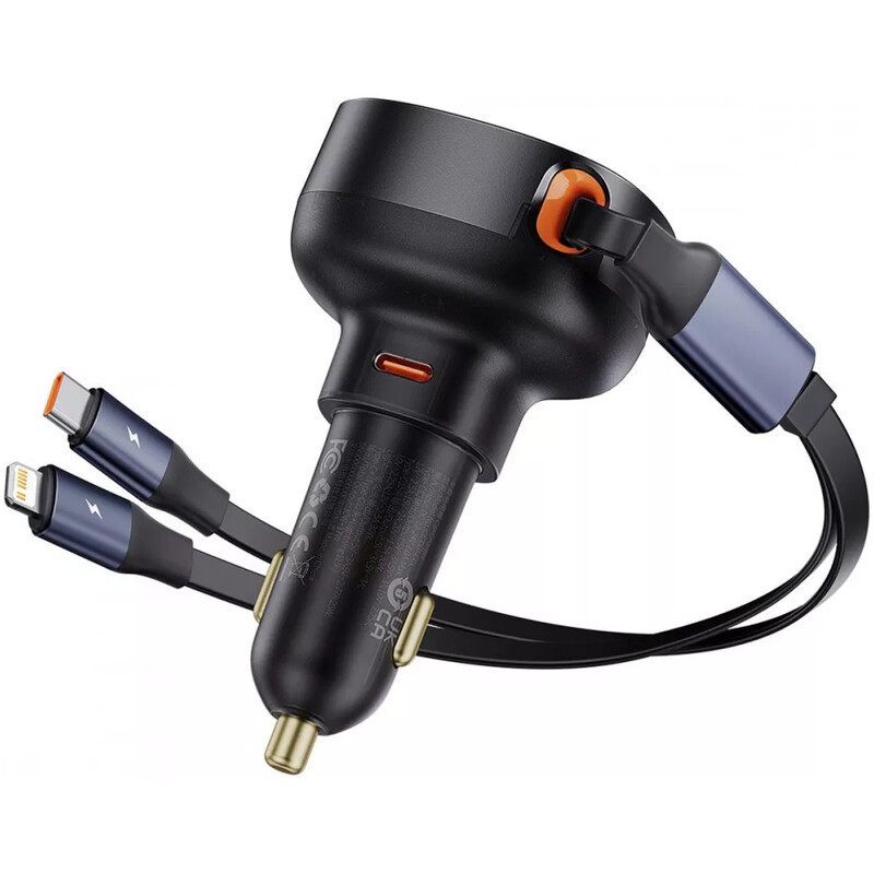 Автомобильное зарядное устройство Baseus Enjoyment Pro (1USB-C, 2 вбудовані кабелі USB-C/Lightning) 60W Black (C00057802111-00)