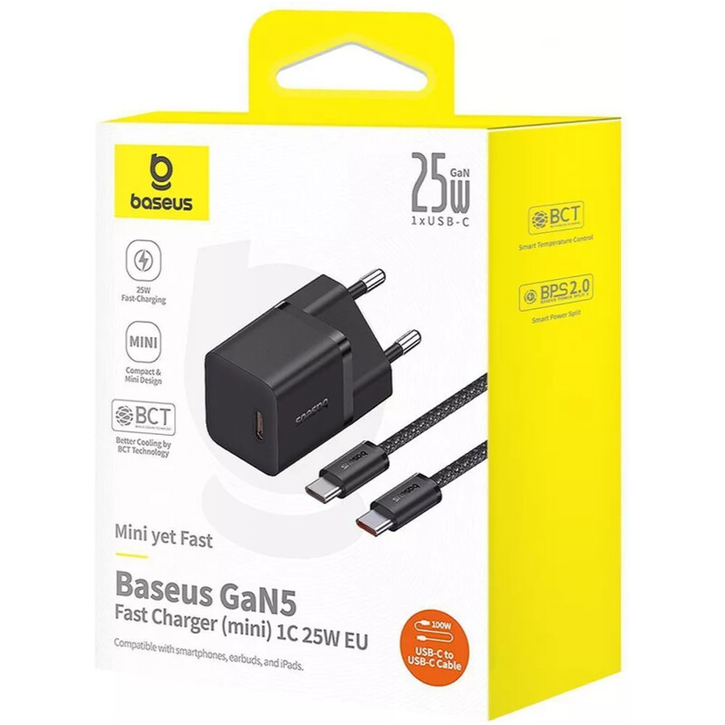 Сетевое зарядное устройство Baseus GaN5 Fast Charger Mini 1C (1USB-C) 25W Black (P10110909113-01) + кабель USB Type-C 1 м