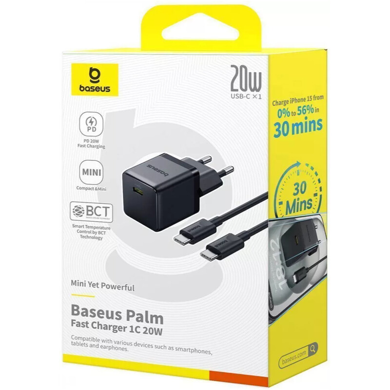 Мережевий зарядний пристрій Baseus Palm Fast Charger 1C (1USB-C) 20W Black (P10111602113-01) + кабель USB Type-C 1 м