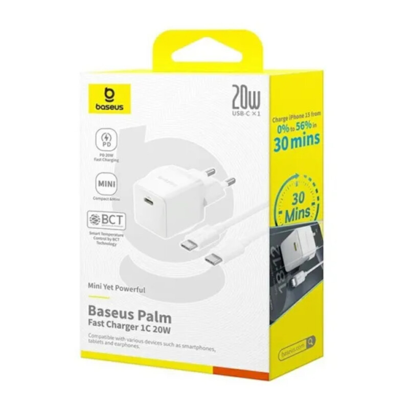 Сетевое зарядное устройство Baseus Palm Fast Charger 1C (1USB-C) 20W White (P10111602213-01) + кабель USB Type-C 1 м