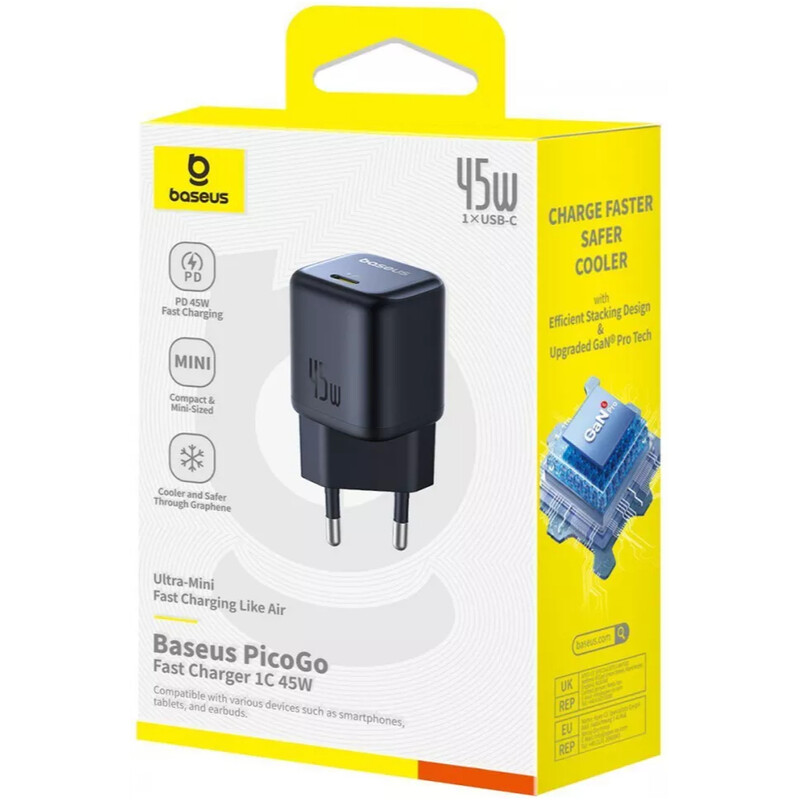Сетевое зарядное устройство Baseus PicoGo GaN Fast Charger 1C (1USB-C) 45W Black (P10176800123-00)