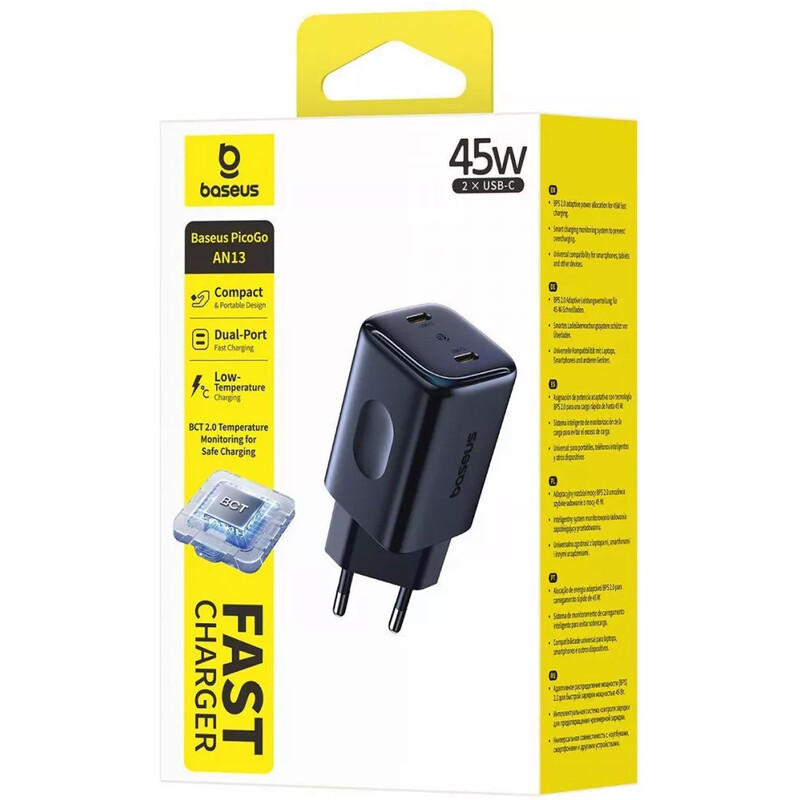 Мережевий зарядний пристрій Baseus PicoGo AN13 Fast Charger 2C (2xUSB-C) 45W Black (E0121F00)