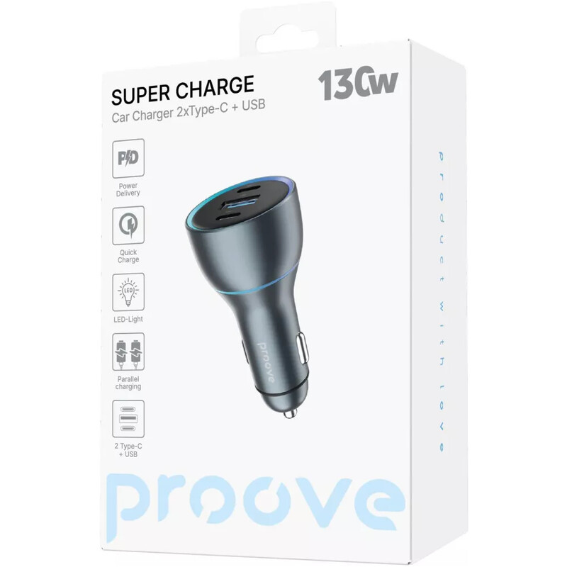 Автомобільний зарядний пристрій Proove Super Charge (2xUSB-C, 1USB) 130W Metal Gray (ACSC13120004)