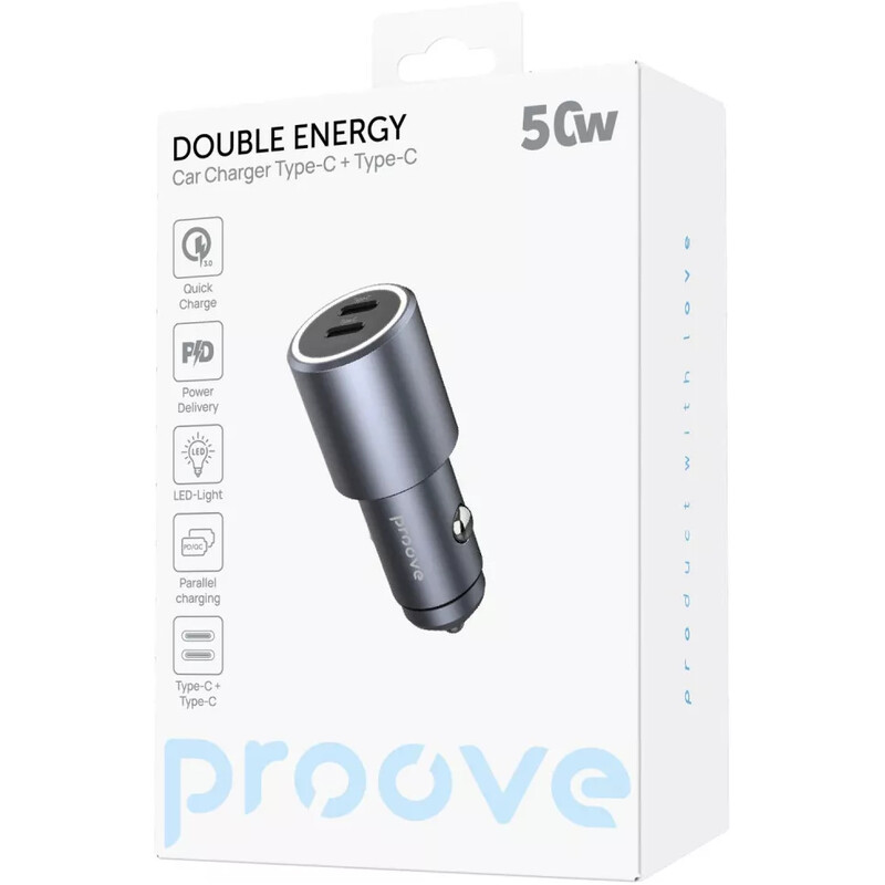 Автомобильное зарядное устройство Proove Double Energy 50W (2xUSB-C) Metal Gray (ACDE50022206)