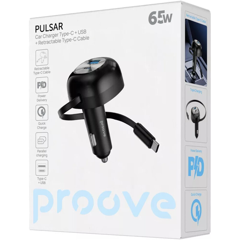Автомобильное зарядное устройство Proove Pulsar (1USB, 1USB-C, вбудований кабель USB-C) 65W Black (CCPR65110001)