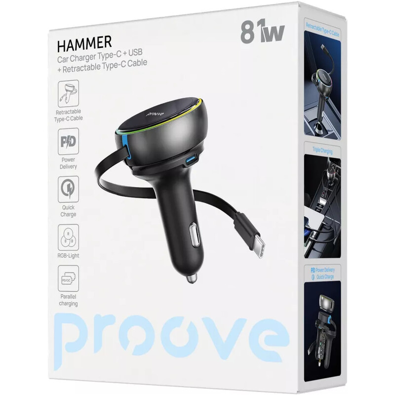 Автомобильное зарядное устройство Proove Hammer (1USB, 1USB-C, вбудований кабель USB-C) 81W Black (CCHR81110001)