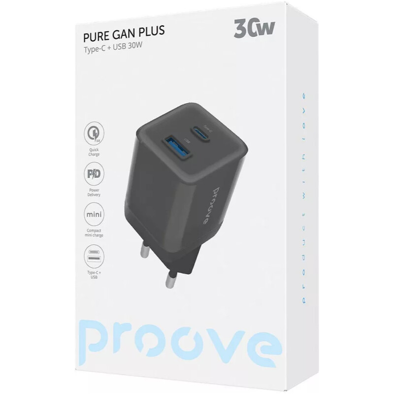 Мережевий зарядний пристрій Proove Pure GaN Plus (1USB-C, 1USB) 30W Black (WCPU30111201)