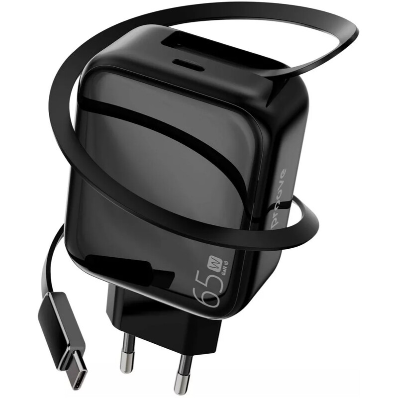 Мережевий зарядний пристрій Proove Fixtape GaN (1USB-C, вбудований кабель USB-C) 65W Black (WCFP65010201)