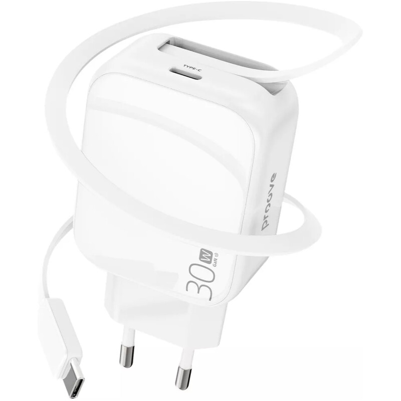 Сетевое зарядное устройство Proove Fixtape GaN (1USB-C, встроенный кабель USB-C) 30W White (WCFP30010202)