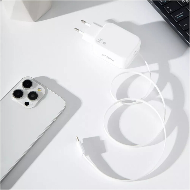 Сетевое зарядное устройство Proove Fixtape GaN (1USB-C, встроенный кабель USB-C) 30W White (WCFP30010202)
