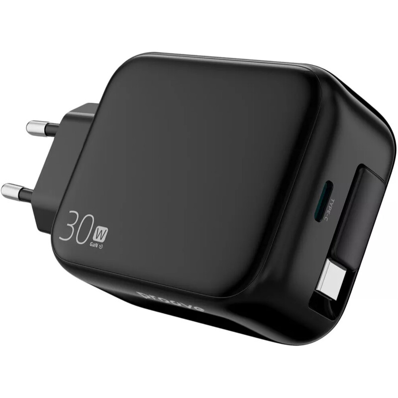 Сетевое зарядное устройство Proove Fixtape GaN (1USB-C, встроенный кабель USB-C) 30W Black (WCFP30010201)