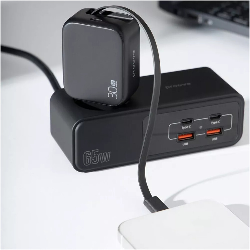 Сетевое зарядное устройство Proove Fixtape GaN (1USB-C, встроенный кабель USB-C) 30W Black (WCFP30010201)