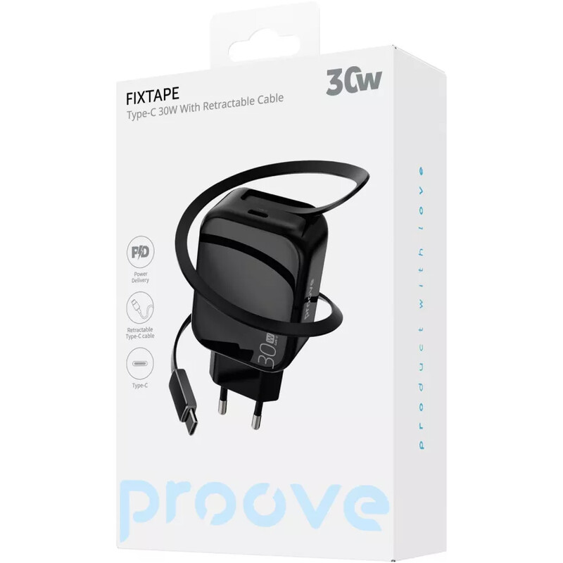 Сетевое зарядное устройство Proove Fixtape GaN (1USB-C, встроенный кабель USB-C) 30W Black (WCFP30010201)