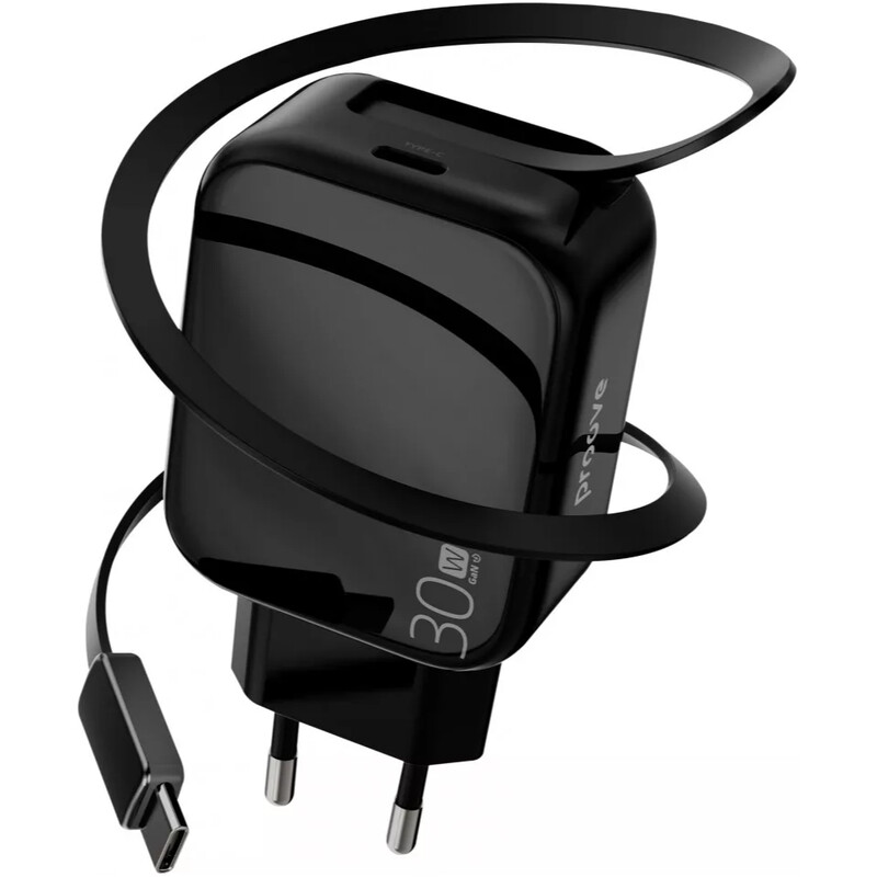 Сетевое зарядное устройство Proove Fixtape GaN (1USB-C, встроенный кабель USB-C) 30W Black (WCFP30010201)