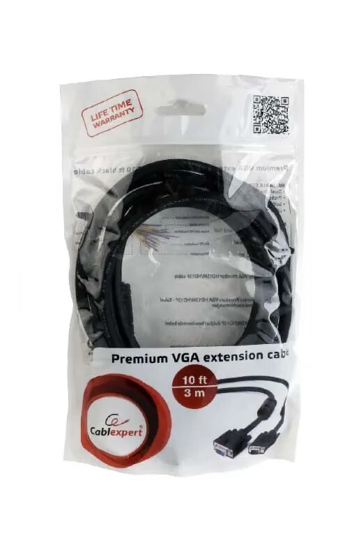 Кабель удлинитель Cablexpert (CC-PPVGAX-10B) VGA-VGA HD15M/HD15F с 2-мя фер. кольцами, черный, 3м