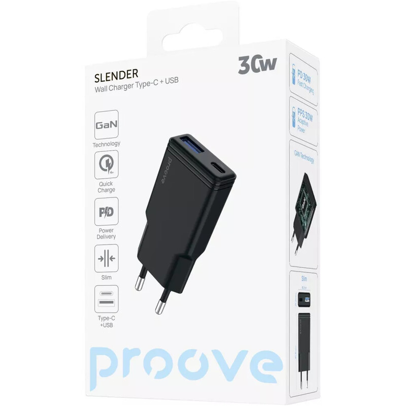 Сетевое зарядное устройство Proove Slender (1USB-C, 1USB) 30W Black (WCSL30110001)