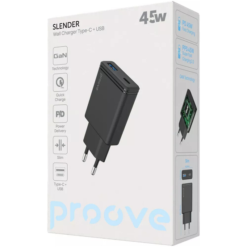 Сетевое зарядное устройство Proove Slender (1USB-C, 1USB) 45W Black (WCSL45110001)