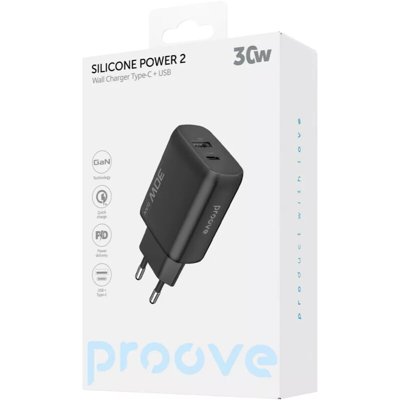 Сетевое зарядное устройство Proove Silicone Power 2 (1USB-C, 1USB) 30W Black (WCSP23110001)