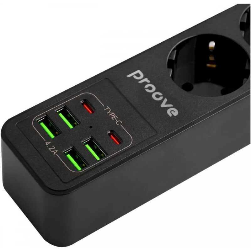 Фільтр живлення Proove Power Socket P-03 3 розетки, 4USB + 2USB-C, 2500W, 2 м, Black (PSP342420001)