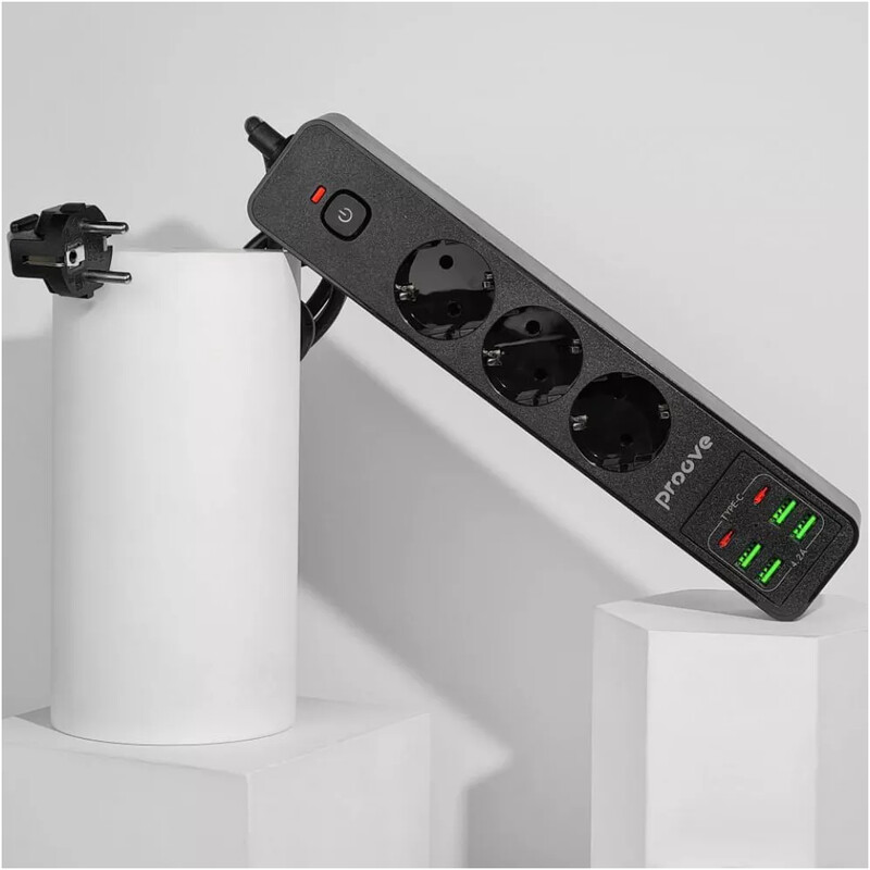 Фільтр живлення Proove Power Socket P-03 3 розетки, 4USB + 2USB-C, 2500W, 2 м, Black (PSP342420001)