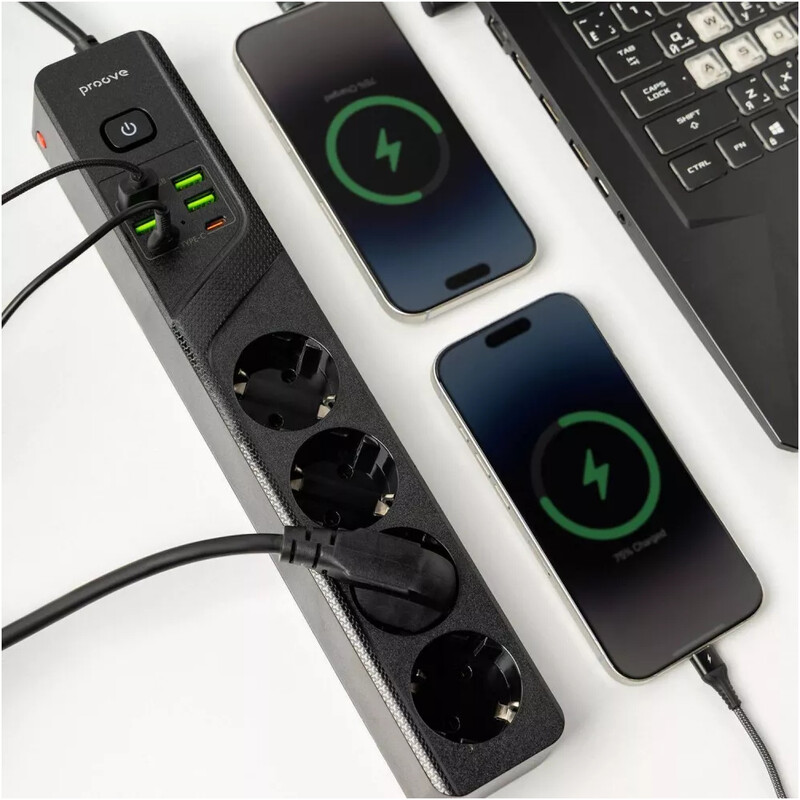 Фильтр питания Proove Power Socket P-04 4 розетки, 4USB + 2USB-C (2500W), 2 м, Black (PSP442420001)