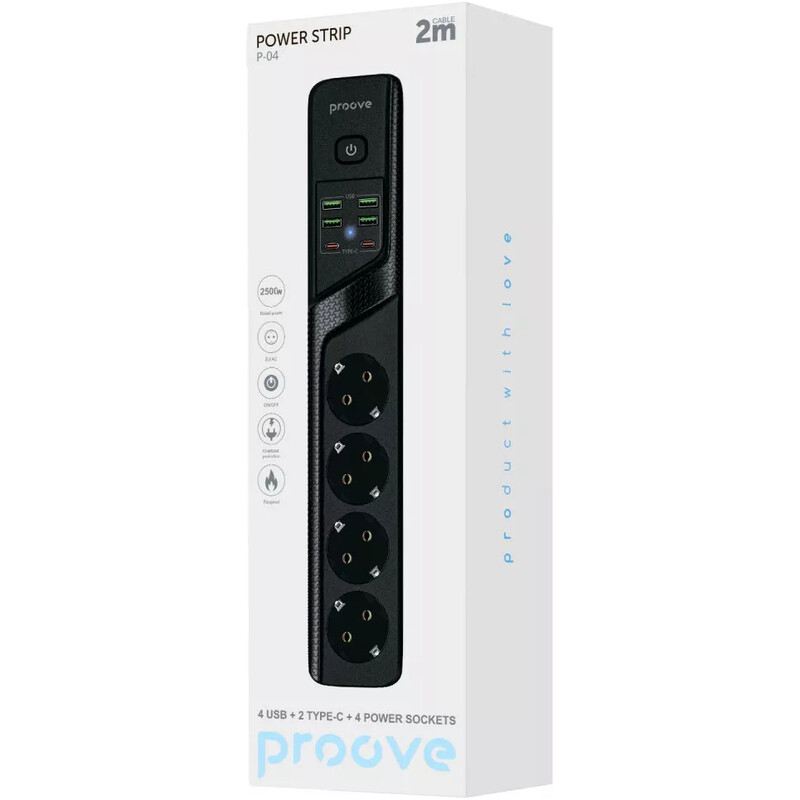 Фильтр питания Proove Power Socket P-04 4 розетки, 4USB + 2USB-C (2500W), 2 м, Black (PSP442420001)