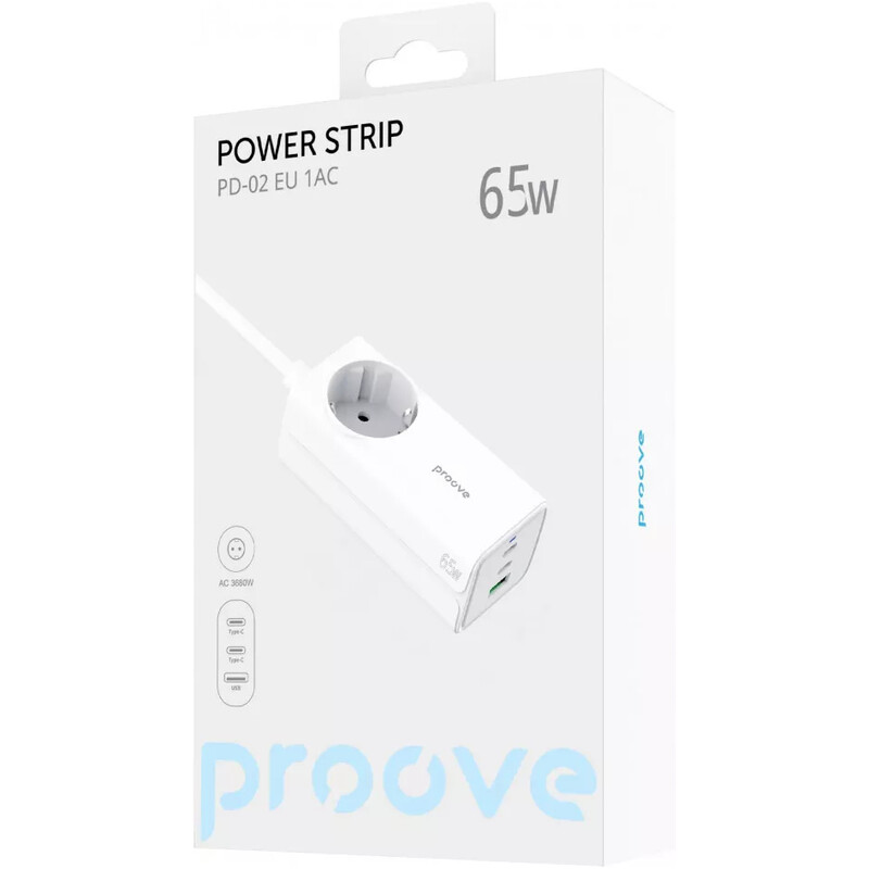 Фільтр живлення Proove Power Strip PD-02 1 розетка, 3USB (2USB-C + 1USB) 65W, 1,5 м, White (PSP165210001)
