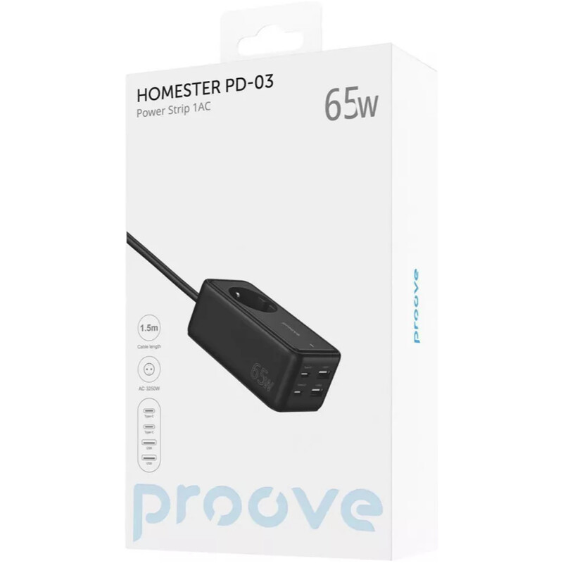 Фільтр живлення Proove Power Strip Homester PD-03 1 розетка, 2USB + 2USB-C (65W), 1,5 м, Black (PSP165220001)