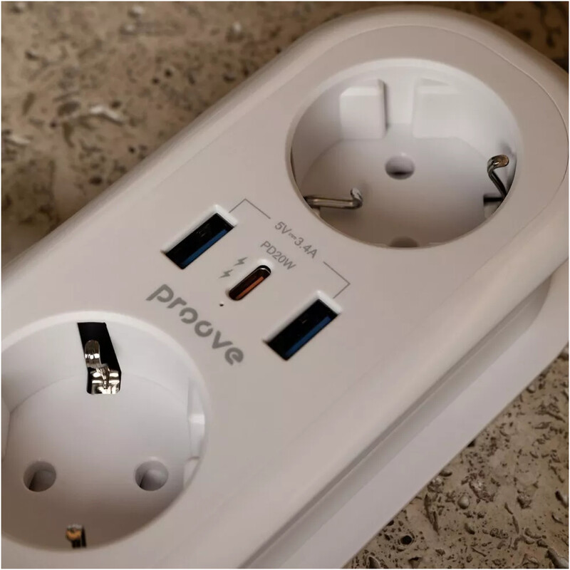 Фильтр питания Proove Supercoil (2 розетки, 2USB + 1USB-C) 20W, 1,5 м, White (PSPS25002102)