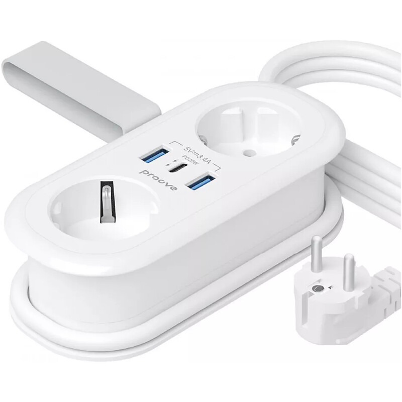 Фильтр питания Proove Supercoil (2 розетки, 2USB + 1USB-C) 20W, 1,5 м, White (PSPS25002102)
