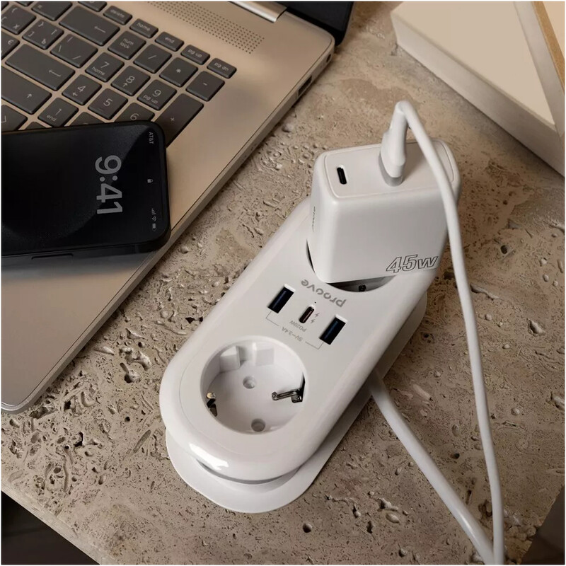 Фильтр питания Proove Supercoil (2 розетки, 2USB + 1USB-C) 20W, 1,5 м, White (PSPS25002102)