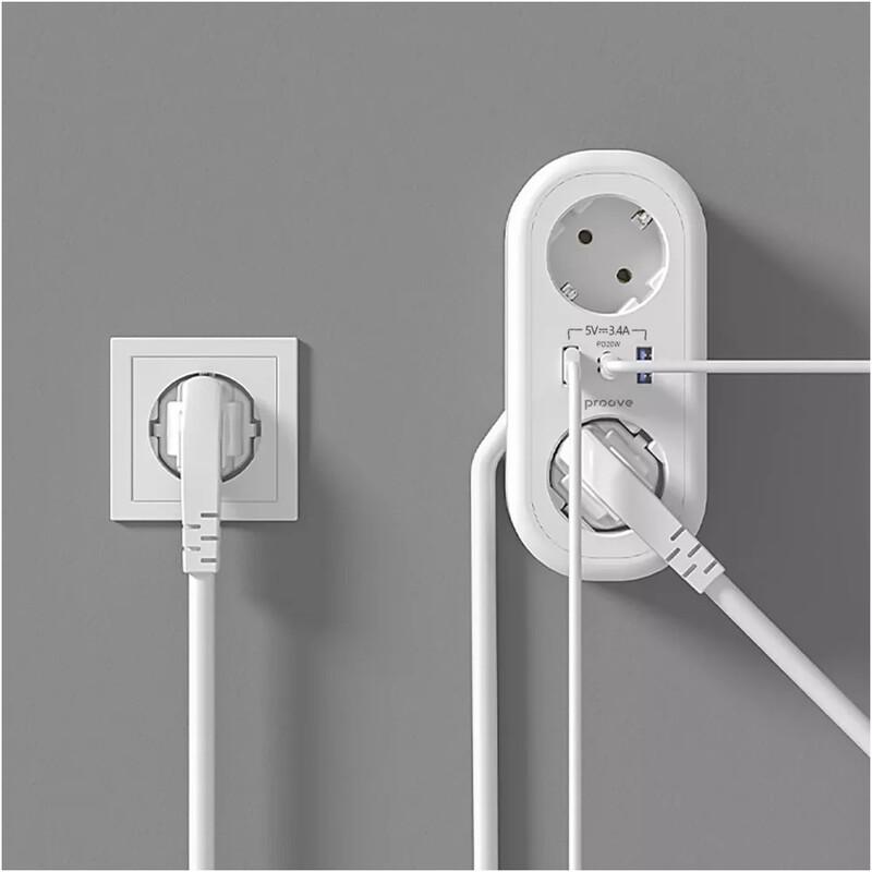 Фильтр питания Proove Supercoil (2 розетки, 2USB + 1USB-C) 20W, 1,5 м, White (PSPS25002102)