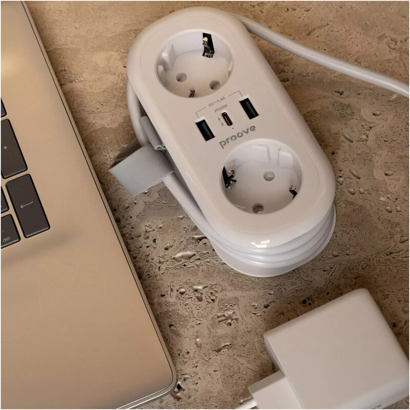 Фильтр питания Proove Supercoil (2 розетки, 2USB + 1USB-C) 20W, 1,5 м, White (PSPS25002102)