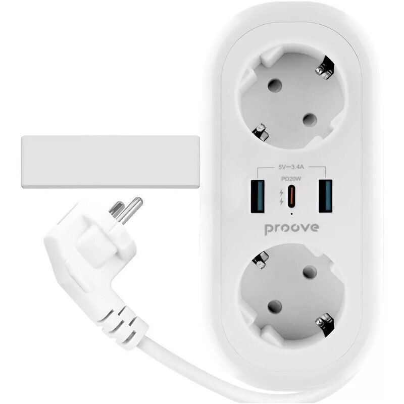 Фильтр питания Proove Supercoil (2 розетки, 2USB + 1USB-C) 20W, 1,5 м, White (PSPS25002102)