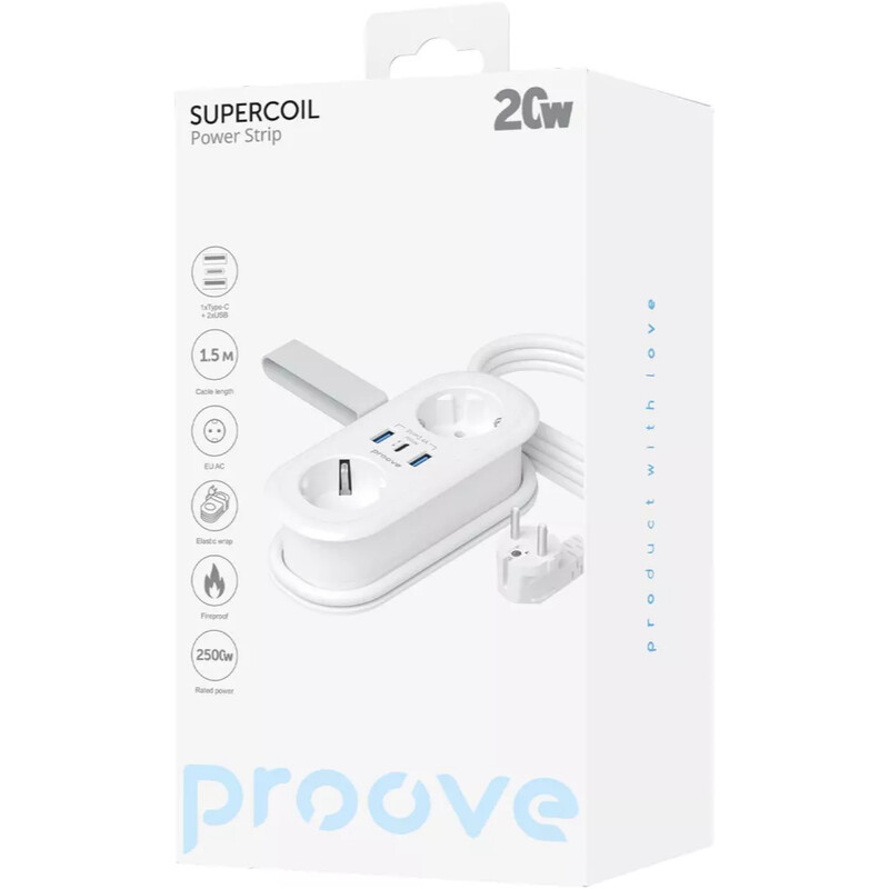 Фильтр питания Proove Supercoil (2 розетки, 2USB + 1USB-C) 20W, 1,5 м, White (PSPS25002102)