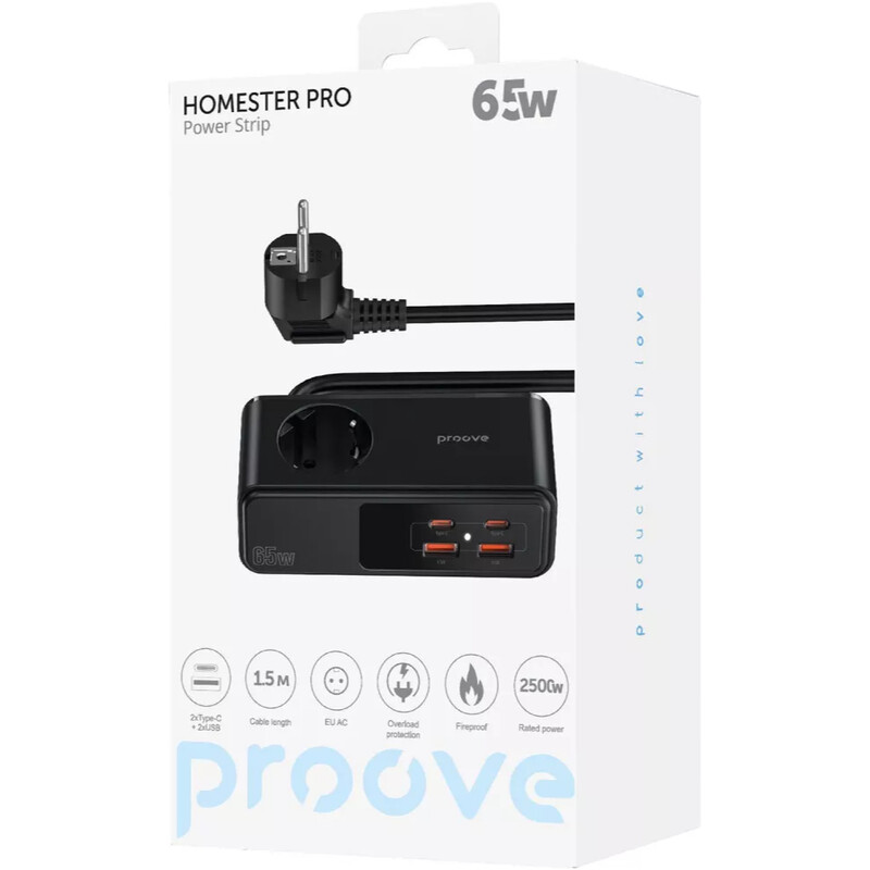 Фильтр питания Proove Homester Pro 1 розетка, 2USB + 2USB-C (65W), 1,5 м, Black (PSHP25002201)