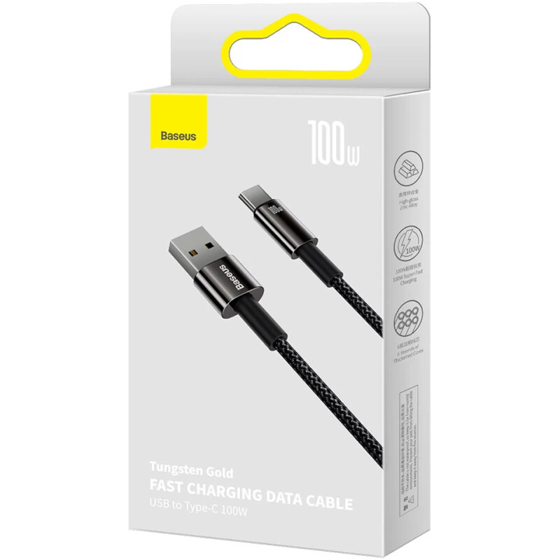 Кабель Baseus Tungsten Gold Fast Charging Data USB Type-A - USB Type-C (M/M), 100W, 2 м, Black (CAWJ000101)