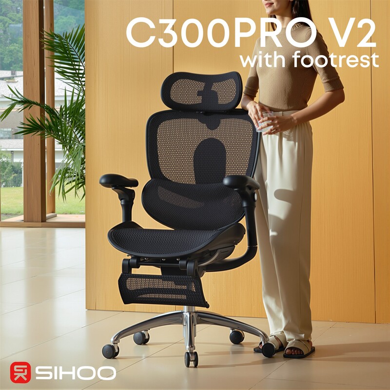 Крісло офісне Sihoo Doro C300 PRO V2 Black з підставкою для ніг (C300-PRO-V2-B101-JT)