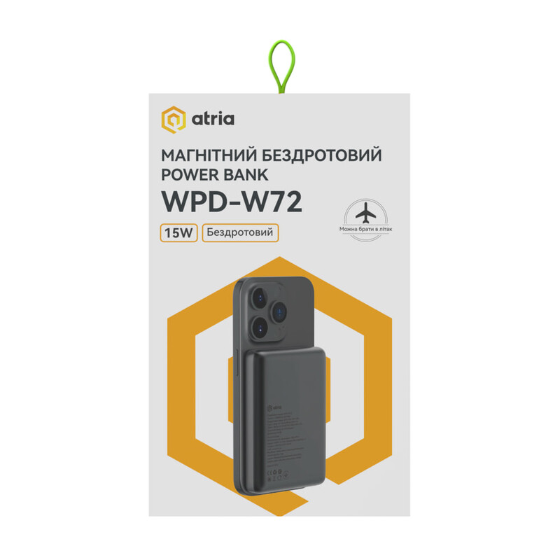 Універсальна мобільна батарея Atria 10000mAh 15W Black (WPD-W72B)